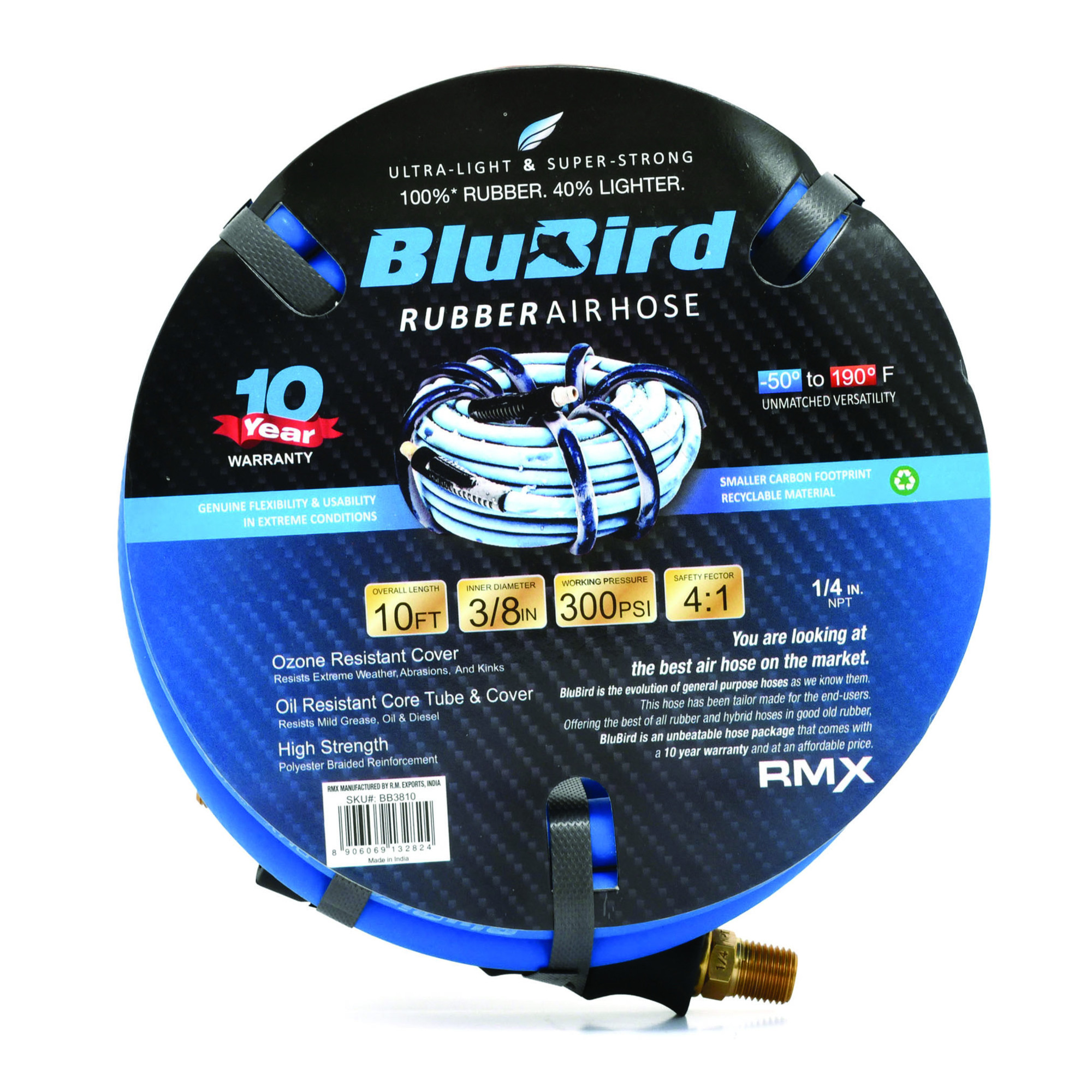 BluBird, Rubber Air Hose Assembly 3/8in.x10ft., Hose Diameter 3/8 in, Hose Length 10 ft, Model# BB3810